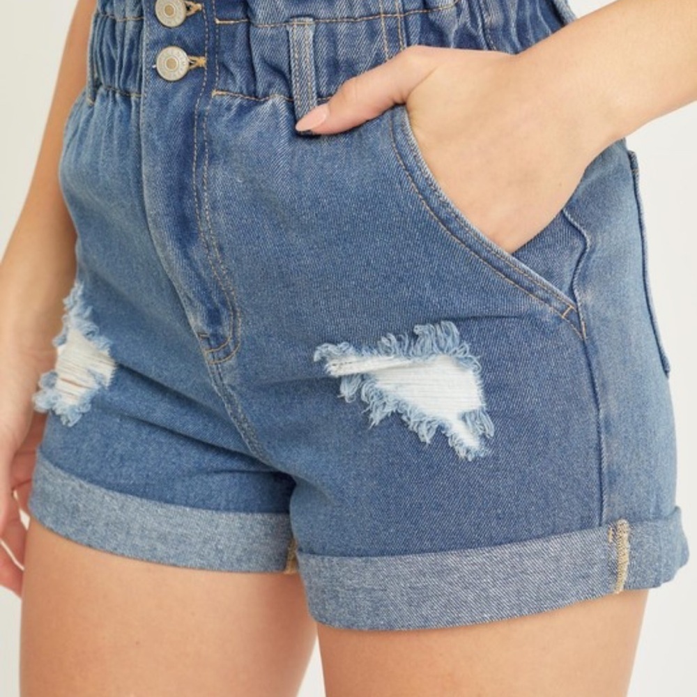 High Waisted Denim Shorts Elastic Waist Cuffed Hem Distressed Blue High Rise - Picture 6 of 7